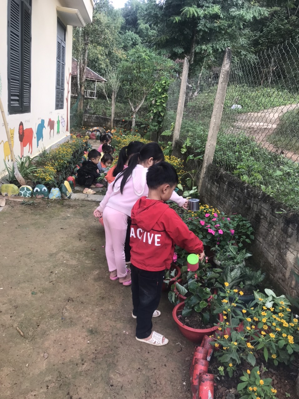 Trẻ chăm sóc cây hoa